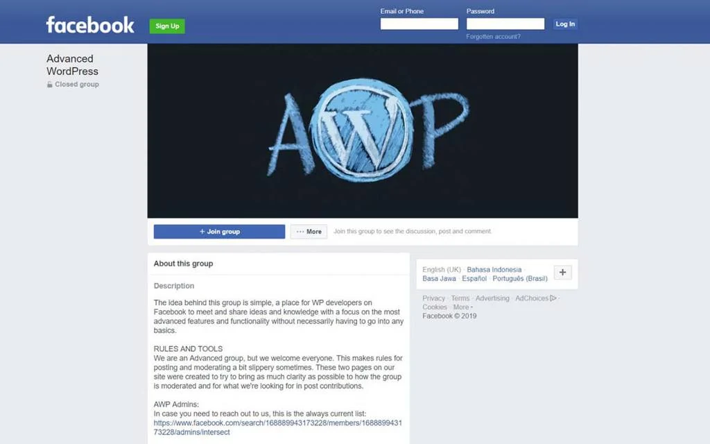Página do grupo do Facebook Advanced WordPress (AWP)