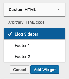 Tela de adicionar Widget dentro do bloco de HTML personalizado
