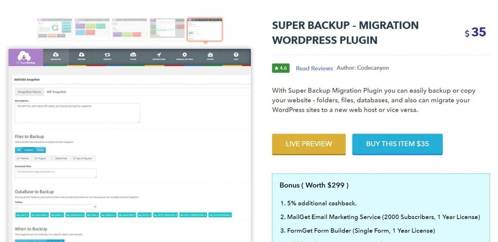Site de assinatura do plugin para WordPress Super Backup WordPress