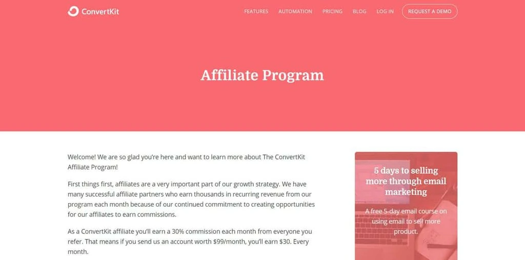Página inicial do site do programa de Afiliados ConvertKit Affiliate Program