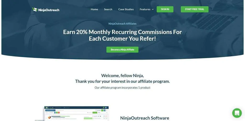 Página inicial do site de afiliados Ninja Outreach