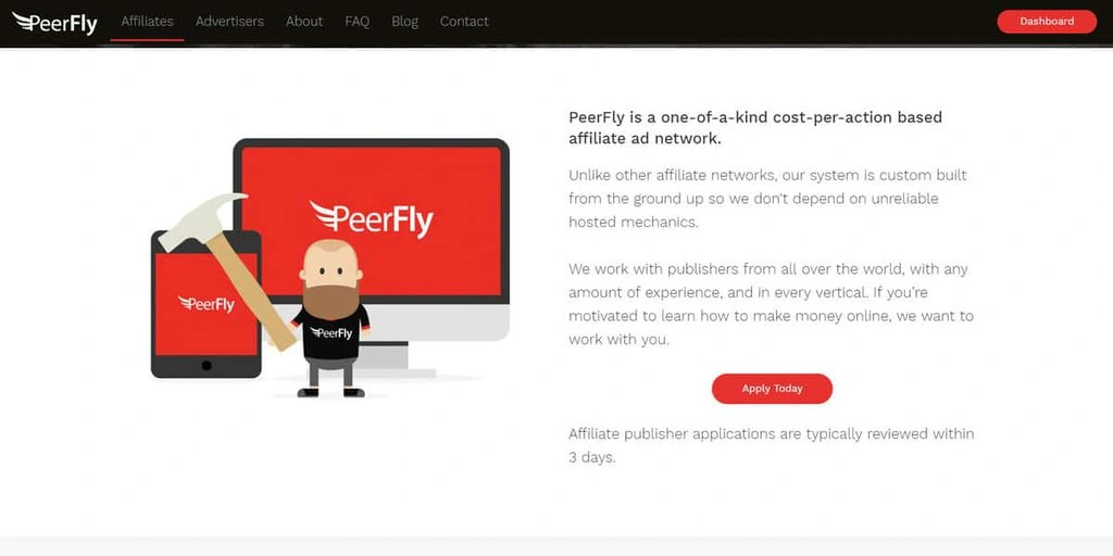 Página inicial do programa de Afiliados da PeerFly