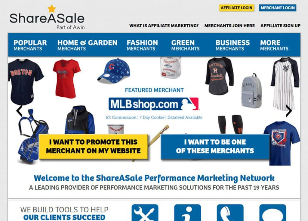 Página inicial do site de Marketing de Afiliados da ShareASale