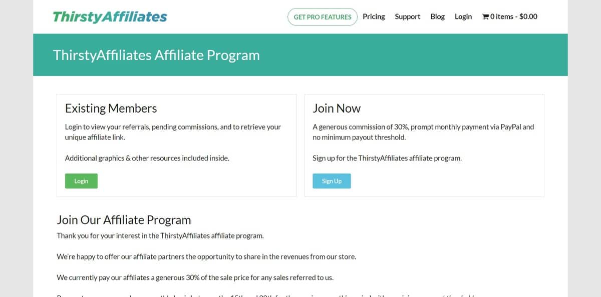 Página inicial do site de Programa de Afiliados da Thirsty Affiliates