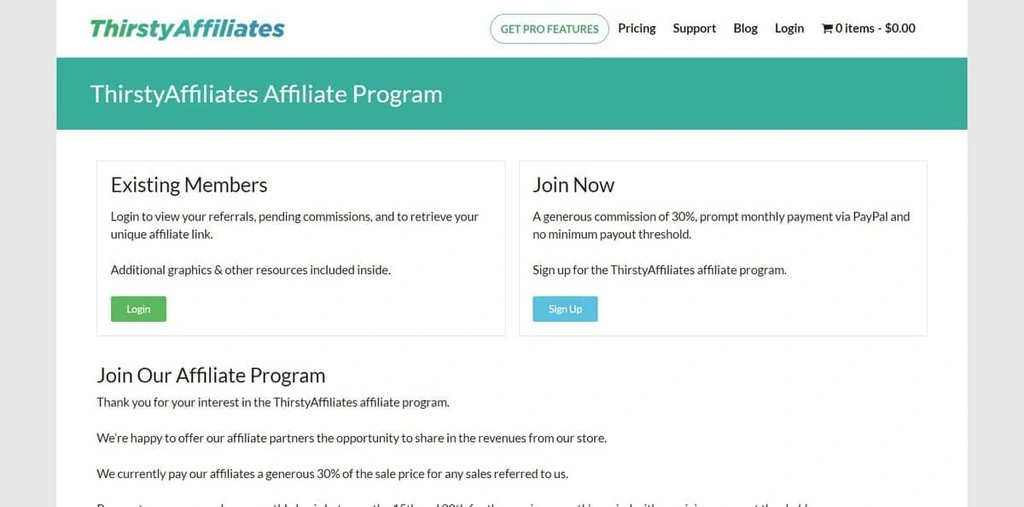 Página inicial do site de Programa de Afiliados da Thirsty Affiliates