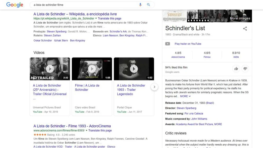 Exemplo do schema em ação na pesquisa pelo filme A Lista de Schindler