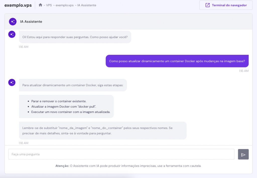 assistente ia para vps no hpanel da hostinger falando sobre container docker