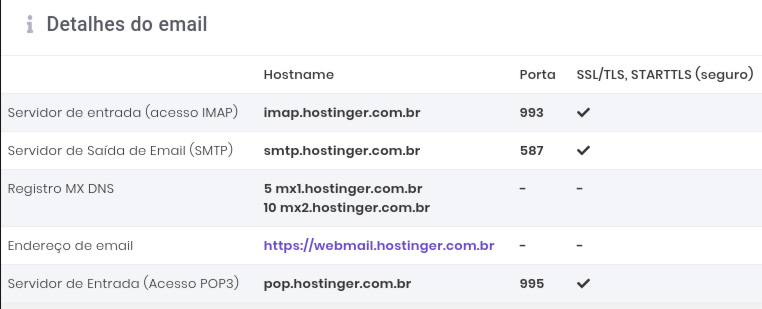 configurações de email pop e imap da hostinger