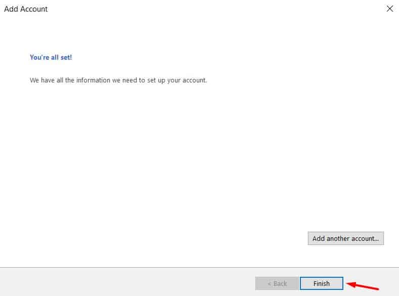 Tela final de concluir configurações do Outlook 2013