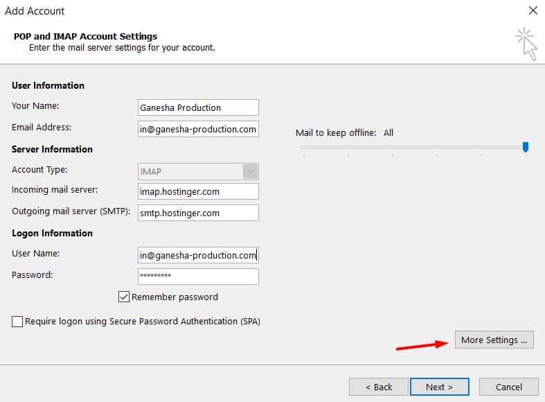 Indicação da seleção de mais configurações no Outlook 2013