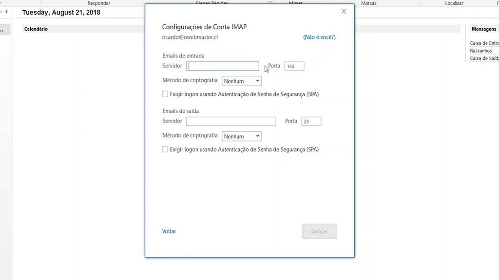 Tela de configurações de conta IMAP no Outlook