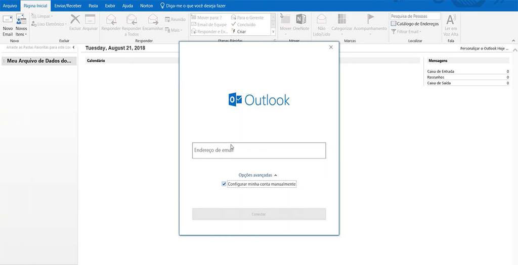 Tela de login do programa de email Microsoft Outlook 2019