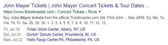 Schema markup de vento com tickets para show do John Mayer