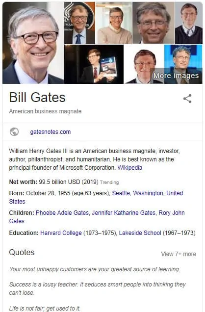 Exemplo de esquema markup de marketing pessoal com o perfil de Bill Gates