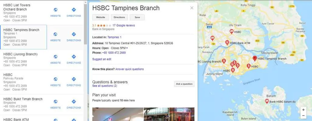 Schema markup de negócio local do HSBC de Trampines Branch