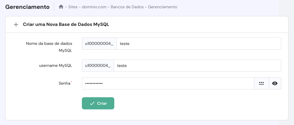 criando banco de dados mysql no hpanel