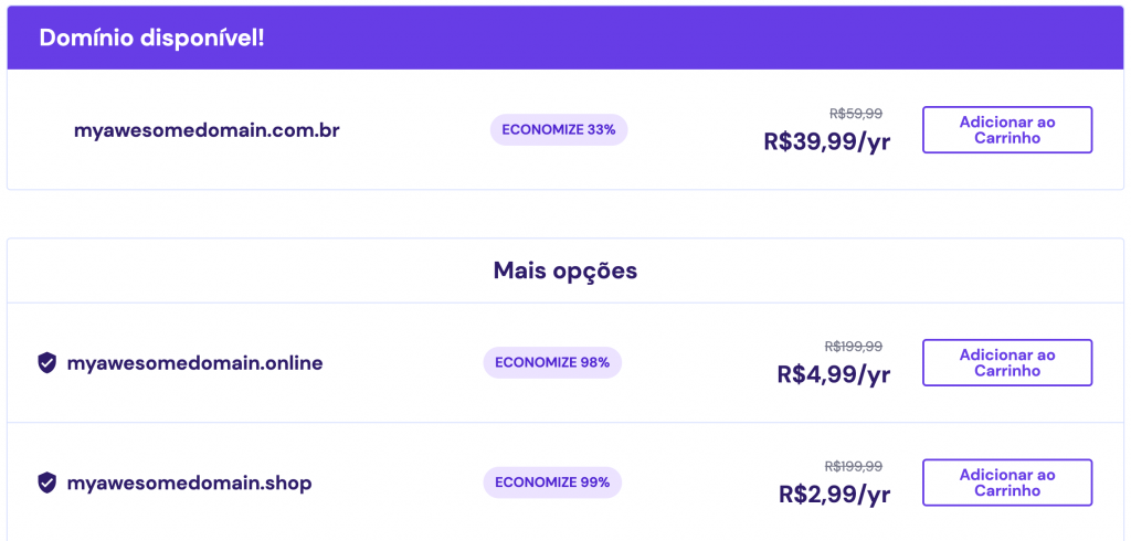 Resultados da pesquisa de registro de domínio