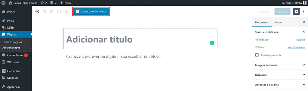 opção de adicionar nova página para o elementor no wordpress