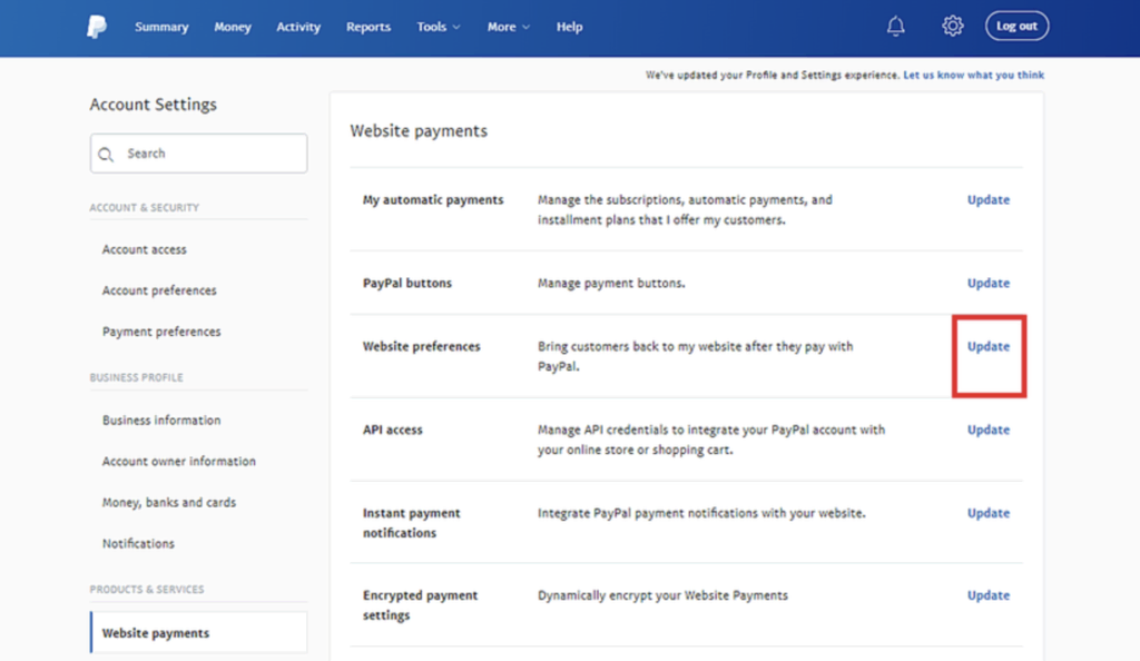 atualizando preferências de sites no PayPal