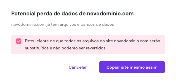 aviso de perda de dados do recurso de copiar site do hpanel