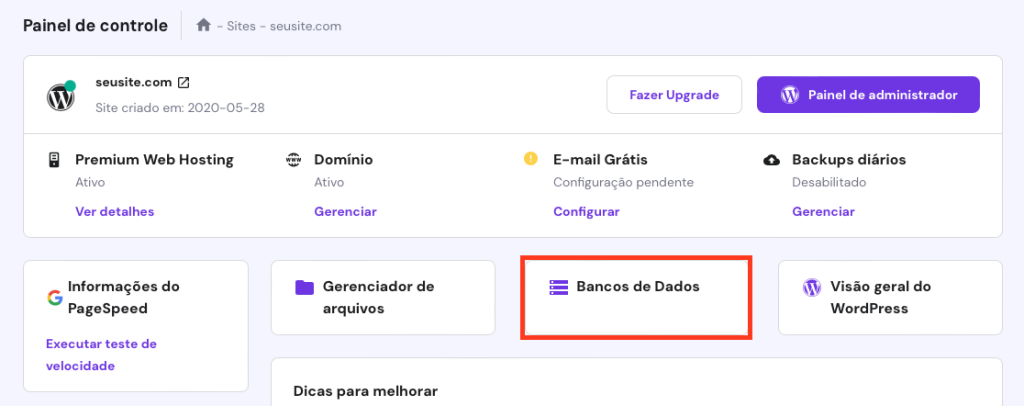 painel de controle geral do hpanel com botão bancos de dados em destaque