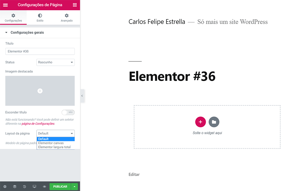 tela de edição de configurações de página no elementor