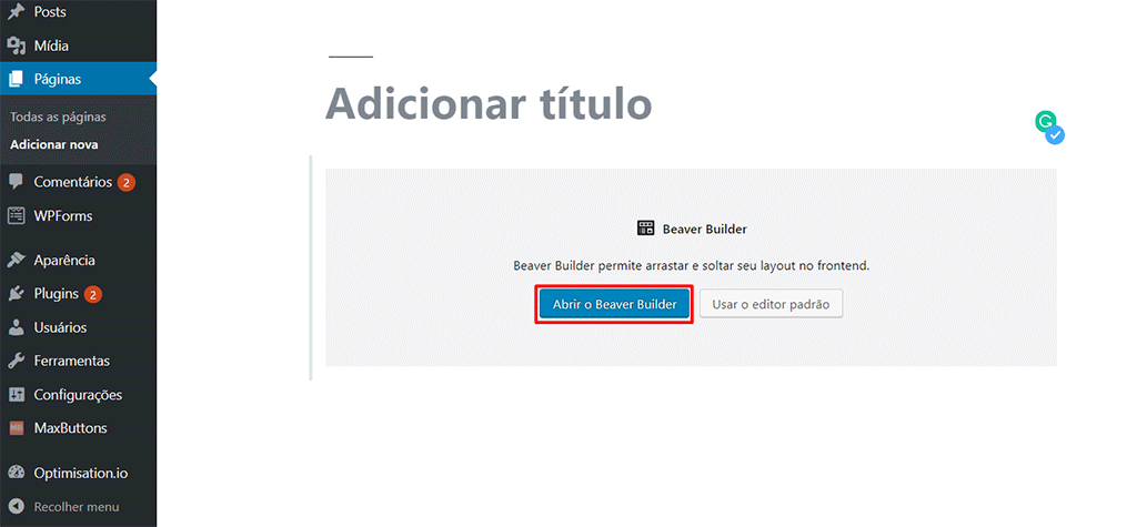 botão para adicionar nova página no beaver builder