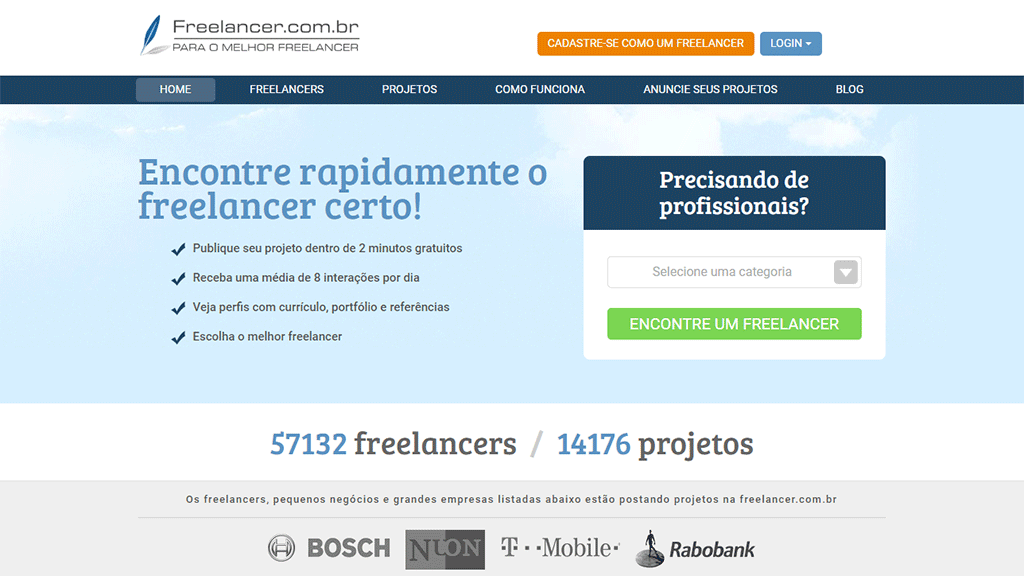 pagina inicial do site freelancer.com.br para aprender como ganhar dinheiro em casa