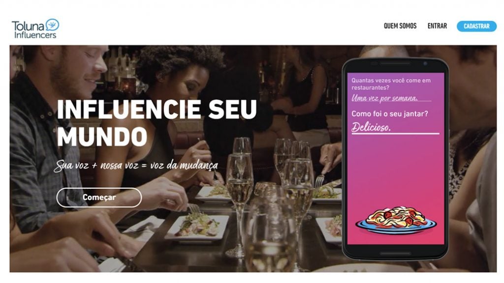 página inicial do site de pesquisas toluna influencers