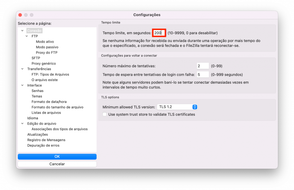 ajustando configurações do filezilla
