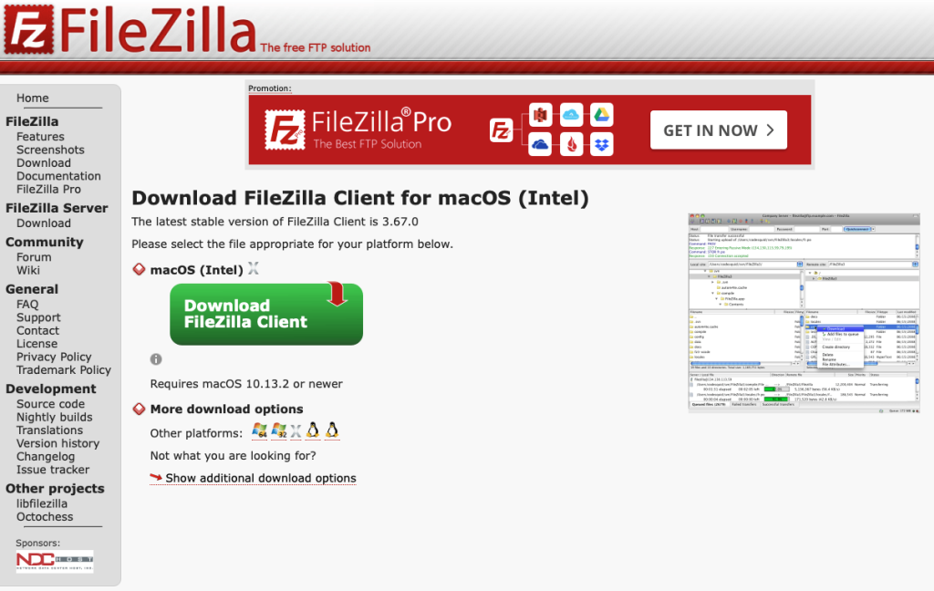 página de download do filezilla na internet