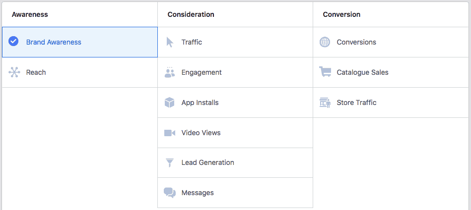 tela para definir o objetivo da campanha de marketing no facebook