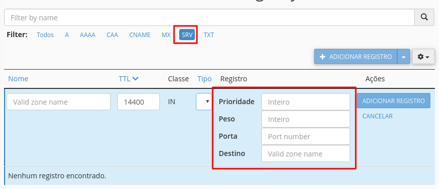 registro srv no cpanel