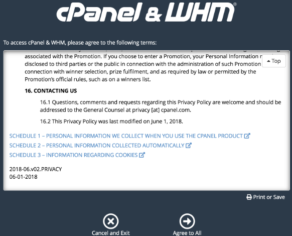 termos e condições de uso do whm no cpanel