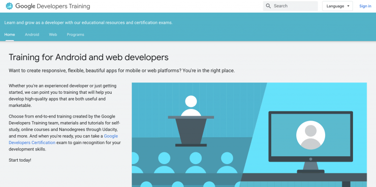 página inicial do Google Developers Training