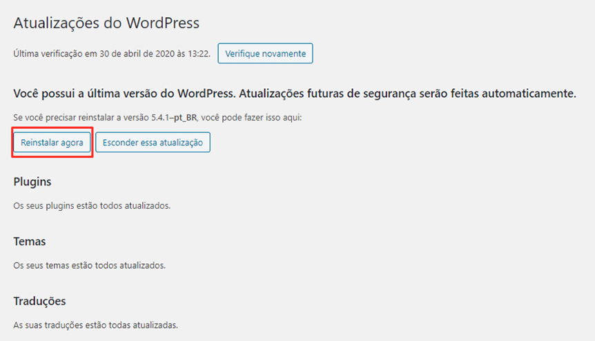 página de atualizações do wordpress