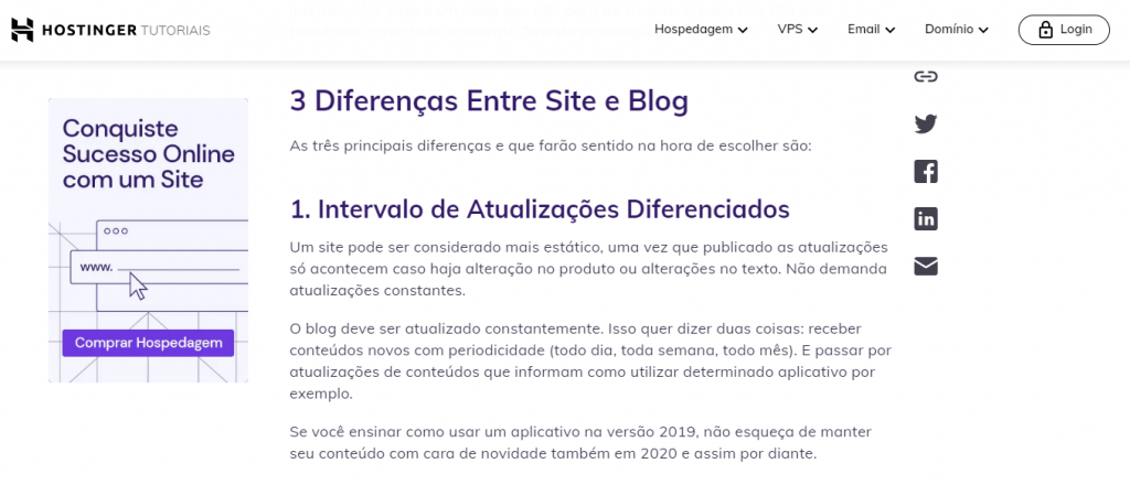 captura de tela do tutorial da hostinger sobre a diferença entre site e blog