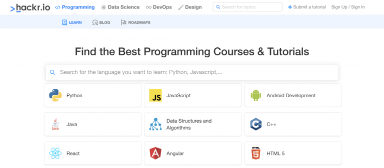 página inicial da Hacker.io para estudar sobre programação