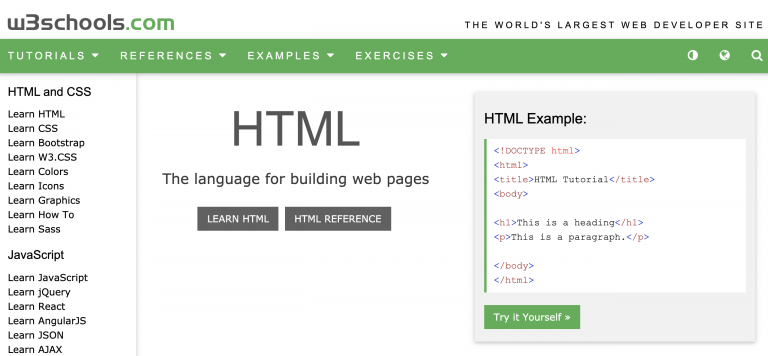 página inicial da plataforma W3Schools para aprender sobre programação