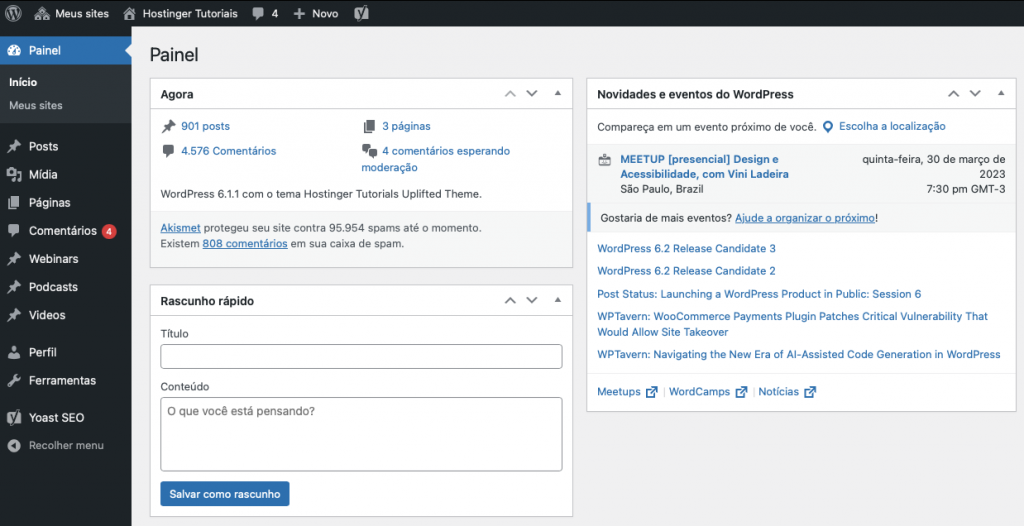 tela principal do painel de controle do wordpress