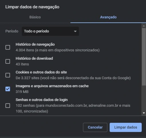 período desejado google chrome