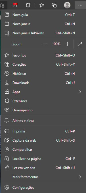 microsoft edge configurações