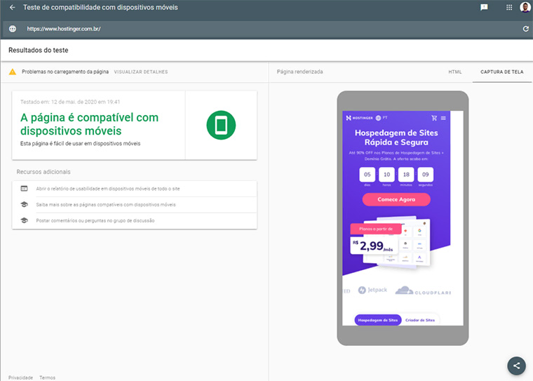 teste de compatibilidade de site com dispositivos móveis da google