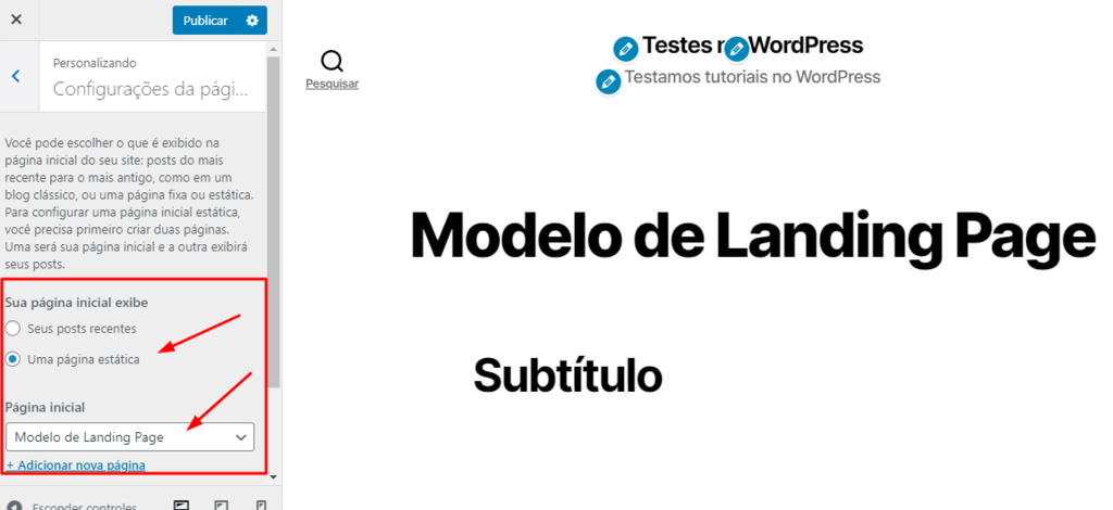 modelo de landing page no WordPress como página inicial do site