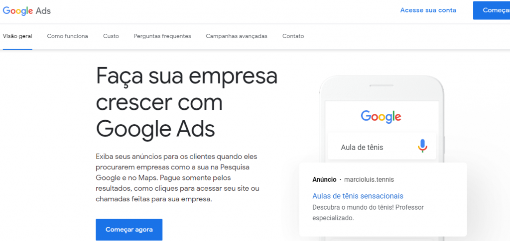 páginal inicial do Google Ads para fazer campanhas de remarketing