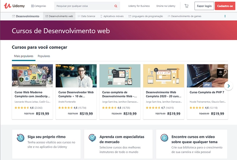 página de cursos de desenvolvimento web da udemy