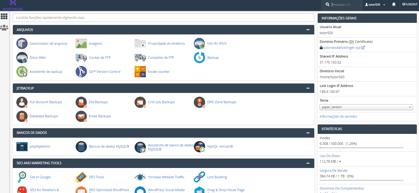 panorama do painel de hospedagem cpanel