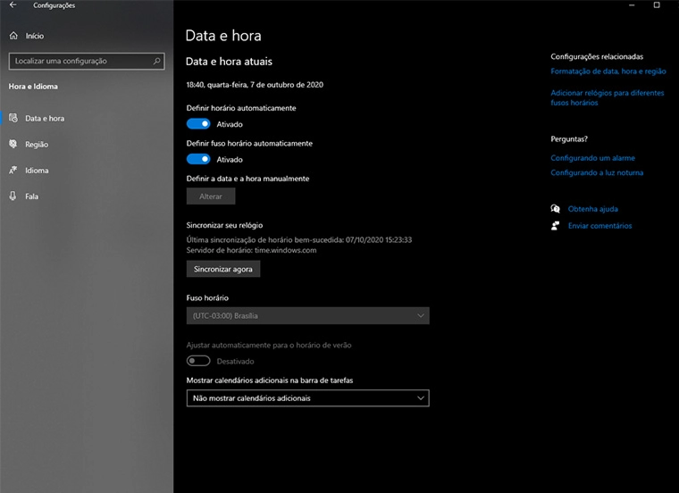 alterar data e hora no widnows 10