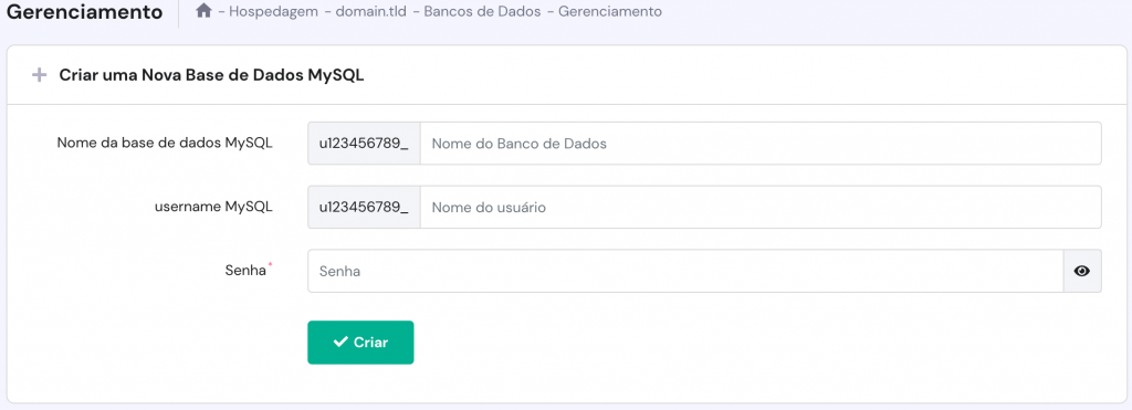 Criar uma nova base de dados MySQL