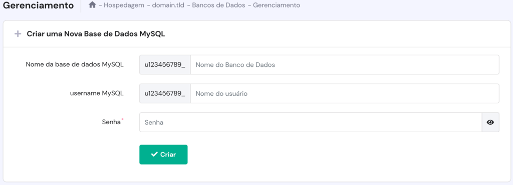 Criar uma nova base de dados MySQL